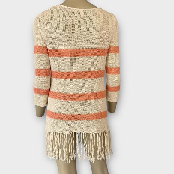 Willow & Clay Linen Blend Fringed Knit Lightweight Sweater Size S Striped Cream - Picture 2 of 14